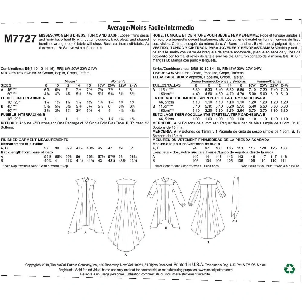 McCalls‎ Sewing Pattern M7727 Dress Tunic Misses Size 8-16